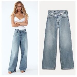 NWT ZARA WOMAN HIGH-WAIST TRF WIDE-LEG JEANS CROSSOVER WAISTBAND BLUE